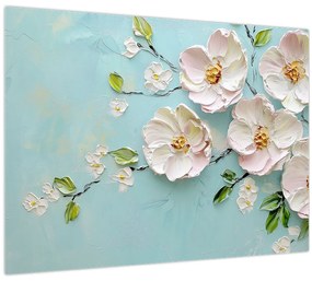 Tablou pe sticlă - Flori pe fundal albastru (70x50 cm)