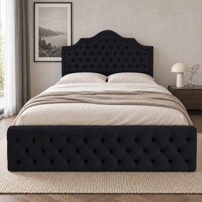 Pat tapițat din catifea Imperio cu nasturi 140×200 cm, negru, cu ladă de depozitare