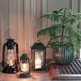 Felinar vintage verde cu petrol, din metal și sticlă, cu detalii aurii, capac de siguranță și fitil inclus, „Hurricane Lantern Green Small"