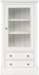 Vitrină mică shabby chic din lemn masiv de pin, alb, cu 1 ușă vitrată, 2 rafturi și 2 sertare, finisaj patinat, 120 x 60 x 33 cm, „Country”