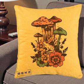 Perna Decorativa Ciuperci si Broaste Boho, 40x40 cm, Galben, Husa Detasabila, Perna Inclusa, BEKZ®