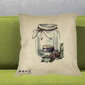 Perna Decorativa Felinar cu Lumanare si Conuri, 40x40 cm, Crem, Husa Detasabila, Perna Inclusa, BEKZ®