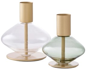 Suport lumânare, sticlă/metal, transparent/verde 2 buc