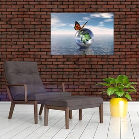 Tablou cu fluture pe bilă din sticlă (90x60 cm)