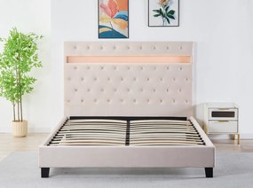 Pat Tapitat Catifea cu Iluminare LED, Somiera si Saltea Inclusa ,   Bej 160x200 cm   Cod FB-18