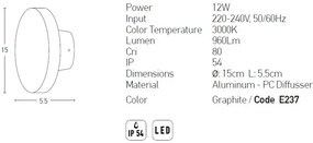 Aplica LED de perete pentru iluminat exterior, IP54 Yuli grafit