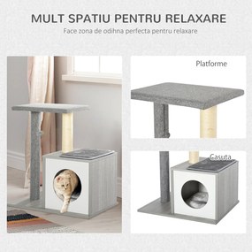 PawHut Centru de Activități pentru Pisici, Culcuș cu Pernă Detașabilă, Stâlp din Sisal, Design Modern, Gri | Aosom Romania