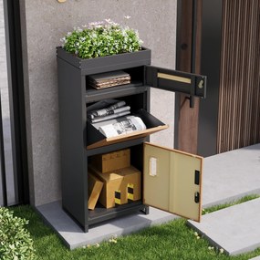 Cutie pentru colete și scrisori cu jardinieră integrată, 50x37x118,5 cm, Gri+Culoare naturală