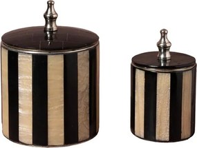 Set 2 cutii decorative din metal și rășină, dungi negre și natur, capac negru cu buton argintiu, finisaj lucios, 20 x 12,5 cm, „Élégance”