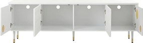 Comodă TV cu front din plasă metalică și accente aurii, 4 uși, 170x36x54 cm, Alb