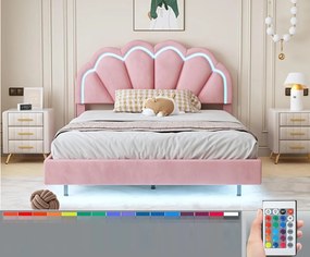 PARC7 - Pat tapitat cu LED, 140 x 200 cm - patut copii, fetite - Catifea Roz sau Crem
