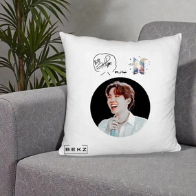 Perna Personalizata K-pop BTS J-Hope Portret cu Autograf, 40x40 cm, Alb Pufos, Husa Detasabila, Perna Inclusa, BEKZ®