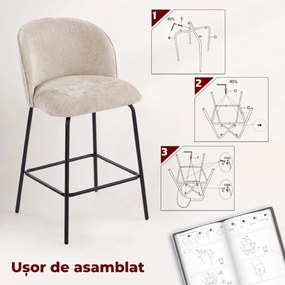 HOMCOM Set 2 Scaune de Bar din Chenille, 68 cm, cu Spătar și Suport pentru Picioare, Cadru din Oțel, Bej | Aosom Romania