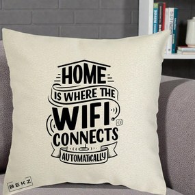 Perna Decorativa Home Is Where WiFi Connects, 40x40 cm, Ecru, Husa Detasabila, Perna Inclusa, BEKZ®