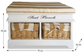 Bancă cu pernă, 2 coşuri de răchită, alb/miere/imprimeu, SEAT BENCH 4
