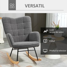 HOMCOM Fotoliu Balansoar Relaxant cu Brațe, Structură din Oțel și Picioare din Lemn de Fag, 71x98x101 cm, Gri Închis | Aosom Romania