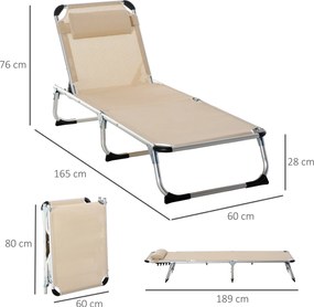 Outsunny Șezlong de plajă, Pliabil cu suport pentru cap, spătar reglabil, aluminiu și textilene, bej | Aosom Romania