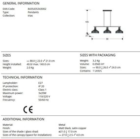 Lustra suspendata din metal design moderm Irias 3L negru/cupru