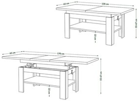 Masă extensibilă ROY cu blat rabatabil, gri beton/alb