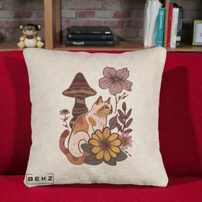 Perna Decorativa Pisica Vintage Florala Boho, 40x40 cm, Bej Canapea, Husa Detasabila, Perna Inclusa, BEKZ®