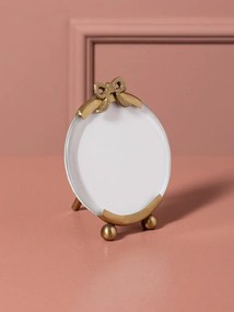 Set 2 rame foto rotunde din sticlă și metal, auriu, fundă sculptată, margine șlefuită și picioare sferice, finisaj antichizat, 2 x 16 x 13 cm,