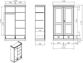Dulap lemn masiv alb Florence, 132 × 62 × 218 cm