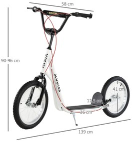 HOMCOM Trotinetă pentru copii Trotinetă oraș Treticiclu Kickboard cu roți pneumatice și frână de mână Trotinetă copii pliabilă de la 5 ani 16 inch Alb 139 x 58 x 90-96 cm | Aosom Romania