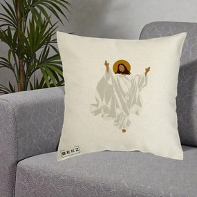 Perna Decorativa Iisus Hristos Invierea Silueta Minimalista, 40x40 cm, Ecru, Husa Detasabila, Perna Inclusa, BEKZ®