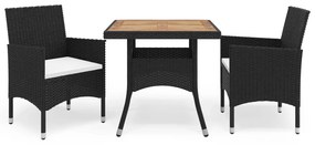 3058312 vidaXL Set mobilier grădină, 3 piese, negru, poliratan și lemn acacia