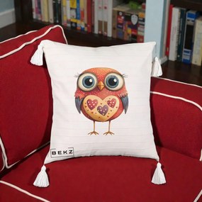 Perna Decorativa Bufnita Rosie cu Inimi Aurii, 40x40 cm, Bej cu Franjuri, Husa Detasabila, Perna Inclusa, BEKZ®