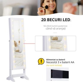 HOMCOM Dulap pentru Bijuterii cu Oglindă și LED-uri, Spațiu Amplu de Depozitare, 40x37x146 cm, Alb | Aosom Romania