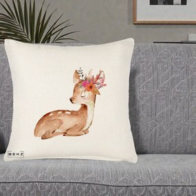 Perna Decorativa Caprioara cu Flori in Coama, 40x40 cm, Crem Reliefat, Husa Detasabila, Perna Inclusa, BEKZ®