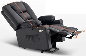 RESIGILAT- Fotoliu Electric Power Lift&Recliner, ridicare și rabatare, masaj și incalzire, porturi USB, suporturi pentru pahare, buzunare laterale, telecomenzi, PU, Negru