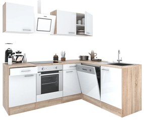 Mobilă de bucătărie de colț Yorki 220, corp din stejar Sonoma, față alb satinat cu element inferior al cuptorului