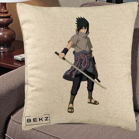 Perna Personalizata Naruto Sasuke Uchiha cu Sabia, 40x40 cm, Bej, Husa Detasabila, Perna Inclusa, BEKZ®