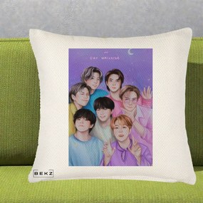 Perna Personalizata K-pop BTS Our Universe Fanart Violet Pastel, 40x40 cm, Crem Reliefat, Husa Detasabila, Perna Inclusa, BEKZ®