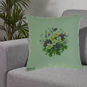 Perna Decorativa Viorele Iris Violet si Trifoi, 40x40 cm, Verde, Husa Detasabila, Perna Inclusa, BEKZ®