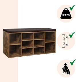 Pantofar cu bancă tapițată GABI, 10 compartimente, 104x30x48cm, negru/maro închis Jurhan