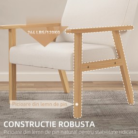 HOMCOM Fotoliu Modern cu 2 Perne din In și Picioare din Lemn de Pin, 64x70x72 cm, Alb Crem | Aosom Romania