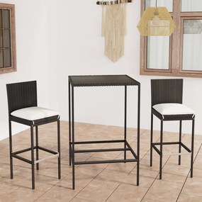 Set mobilier bar de gradina cu perne, 3 piese, negru, poliratan Negru, Lungime masa 70 cm, 3