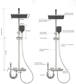 Coloană de duș termostat, afișaj digital, lumină LED ambientală, 4 funcții, taste de pian, cap duș dreptunghiulară, efect de ploaie, înălțime reglabilă, montare pe perete, Gri, 8004