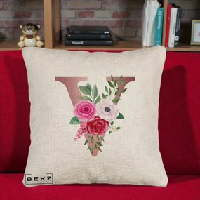 Cadou Personalizat - Perna Personalizata Monograma Rose Gold Litera V, 40x40 cm, Bej Canapea, Husa Detasabila, Perna Inclusa, BEKZ®