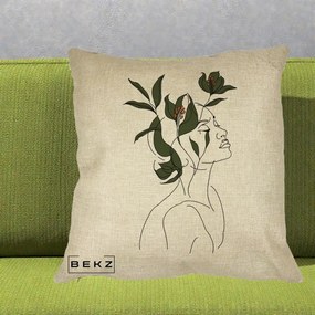 Perna Decorativa Portret Feminin Crin Verde, 40x40 cm, Crem, Husa Detasabila, Perna Inclusa, BEKZ®