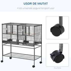 PawHut Colivie Dubla pentru Pasari din Metal cu Tavi Detasabile Suport cu 4 Roti si Raft,95x45.5x102cm, Neagra Gri | Aosom Romania