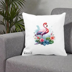 Perna Decorativa Flamingo cu Flori Tropicale Acuarela, 40x40 cm, Alba Mata, Husa Detasabila, Perna Inclusa, BEKZ®