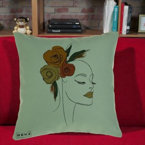 Perna Decorativa Portret Feminin Trandafiri Ruginii, 40x40 cm, Verde, Husa Detasabila, Perna Inclusa, BEKZ®
