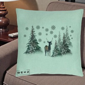 Perna Decorativa Ren in Padure Inzapezita, 40x40 cm, Verde Menta, Husa Detasabila, Perna Inclusa, BEKZ®