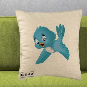 Perna Decorativa Pui de Pasare Albastru, 40x40 cm, Bej, Husa Detasabila, Perna Inclusa, BEKZ®