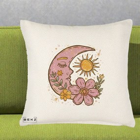 Perna Personalizata Luna si Soare Floral Boho, 40x40 cm, Crem Reliefat, Husa Detasabila, Perna Inclusa, BEKZ®