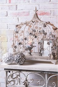 Colivie decorativa, alb, din metal, motive florale, aspect vintage